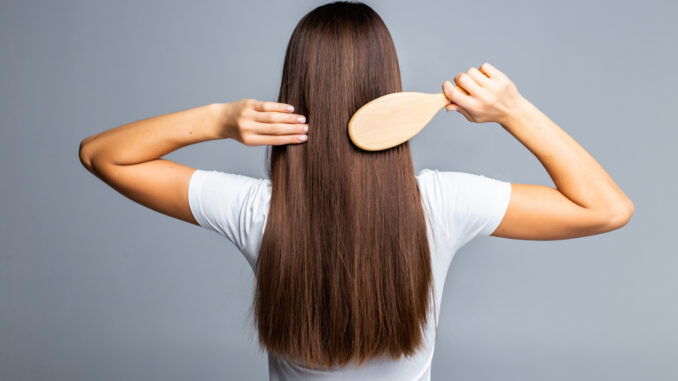 Rear view of Combing healthy long straight female hair isolated on gray background
